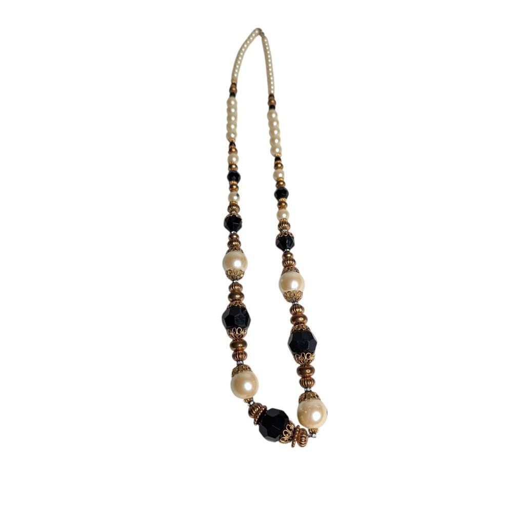 Vintage Style Black and Cream Faux Pearl Beaded Necklace Gold Tone Accents